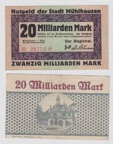 20 Milliarden Mark Banknote Inflation Stadt Mühlhausen 20.10.1923 (148899)