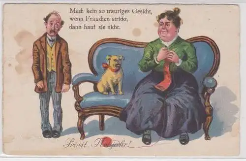 37999 Prosit Neujahr Humor Ak "Mach kein trauriges Gesicht, wenn Frauchen ...