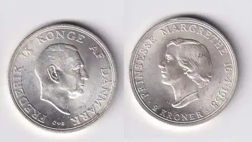 2 Kroner Silber Münze Dänemark 18. Geburtstag Margarethe II. 1958 (163221)