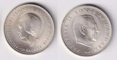 10 Kroner Silber Münze Dänemark Hochzeit von Prinzessin Benedikte 1968 (162201)