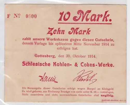 10 Mark Banknote Gotteberg in Schlesien Kohlenwerke 30.10.1914 (164260)
