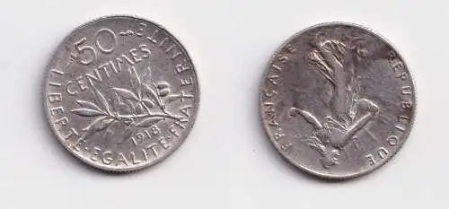 50 Centimes Silber Münze Frankreich 1918 f.vz (149036)