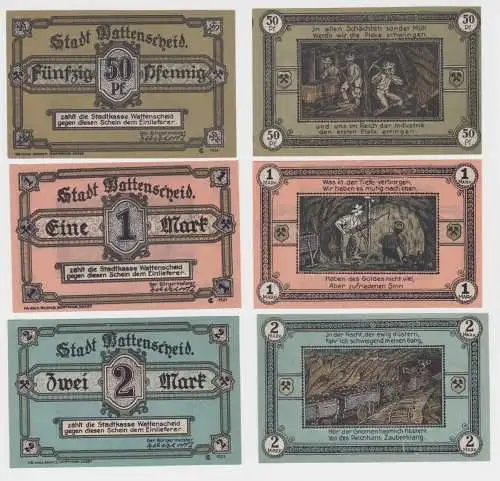 50 Pf, 1 & 2 Mark Banknoten Notgeld Stadt Wattenscheid 1921  (152932)