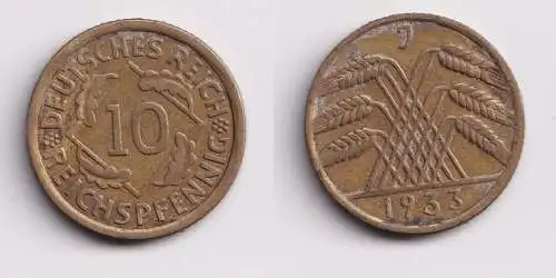10 Reichspfennig Messing Münze Deutsches Reich 1933 J, Jäger 317 (158485)
