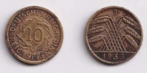 10 Reichspfennig Messing Münze Deutsches Reich 1933 J, Jäger 317 (152330)