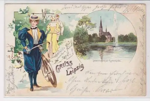 903850 Radfahrer Lithografie AK Gruss aus Leipzig Johannapark mit Lutherkirche