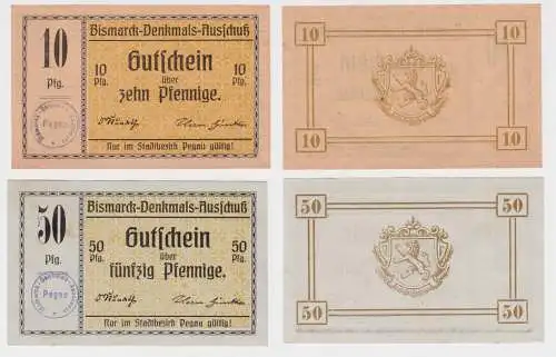 10 & 50 Pfennig Banknoten Notgeld Bismarck Denkmals Ausschuß Pegau (164361)