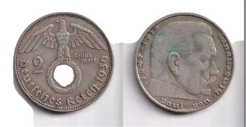 2 Mark Silber Münze 3.Reich Hindenburg 1936 D Jäger 366 (154170)