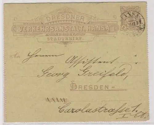 45788 Privatpost Ganzsachen Stadtbrief Dresdner Verkehrsanstalt "Hansa" 1890