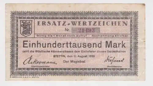 100000 Mark Banknote städt.Kämmereikasse Stettin 11.08.1923 (164343)