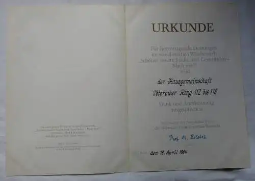 Urkunde Schöner unsere Städte und Gemeinden - Mach Mit 1984 Nat. Front (164194)