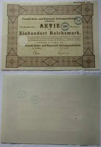 100 RM Aktie Faradit Rohr- & Walzwerk AG Chemnitz 14.Februar 1934 (137049)