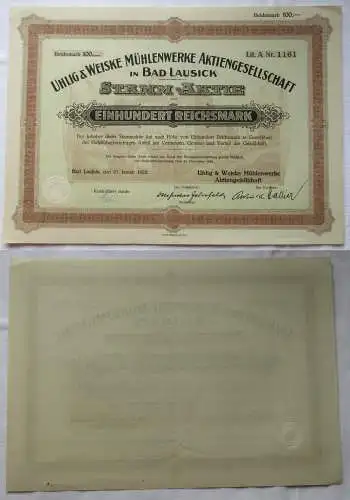 100 Mark Aktie Uhlig & Weiske Mühlenwerke AG Bad Lausick 27.Januar 1925 (135464)