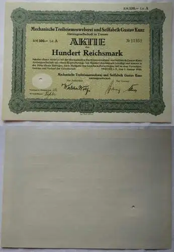 100 RM Aktie Mechanische Treibriemenweberei & Seilfabrik Treuen 1938 (139765)