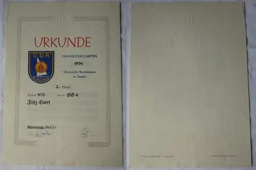 Urkunde DDR Meisterschaften 1974 Olympische Bootsklassen im Segeln (147005)