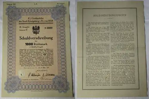 1000 Reichsmark Schuldverschreibung Stadt Königsberg i.Pr. 31.3.1928 (132534)