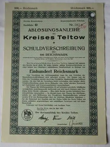 100 RM Auslosungsschein Ablösungsanleihe Kreis Teltow 24.5.1927 (163362)