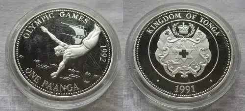1 Pa´anga Silber Münze Tonga Olympia Barcelona 1992, Turmspringer 1991 (157802)