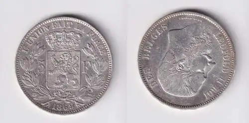5 Francs Silber Münze Belgien 1869 Leopold II. (165388)