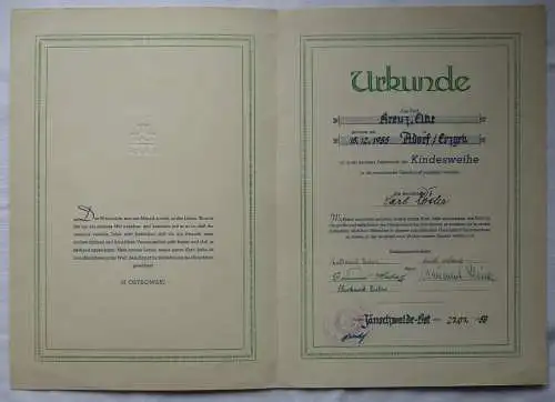 DDR Urkunde Feierstunde der Kindesweihe Jänschwalde-Ost 1958 (164717)