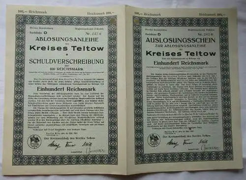 100 RM Auslosungsschein Ablösungsanleihe Kreis Teltow 24.5.1927 (165001)