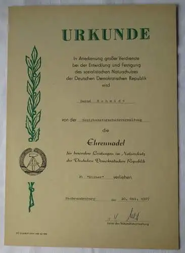 DDR Urkunde Ehrennadel für bes. Leistungen im Naturschutz Silber 1987 (146515)
