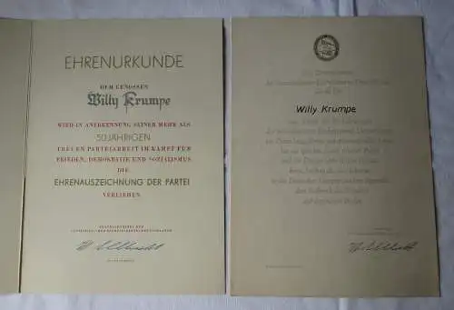 DDR Ehrenurkunde Ehrenauszeichnung der Partei SED 50jähr. Parteiarbeit (163205)