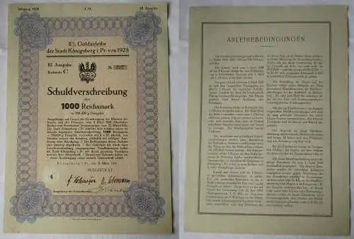 1000 Reichsmark Schuldverschreibung Stadt Königsberg i.Pr. 31.3.1928 (130390)