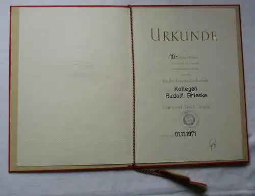 DDR Urkunden 10jährige Mitarbeit Organe der Staatsmacht Zeulenroda 1971 (153199)