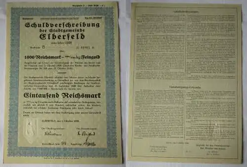 1000 RM Schuldverschreibung Stadtgemeinde Elberfeld 1. Oktober 1928 (138731)
