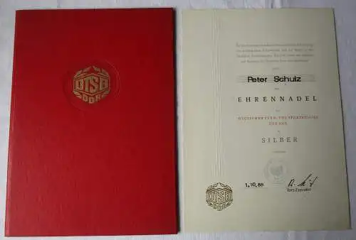 DDR Urkunde Ehrennadel des Deutschen Turn- und Sportbundes Silber 1988 (165086)