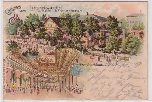 18167 Ak Lithographie Gruß vom Lindengarten Dresden Ausschank d.Nationalbrauerei