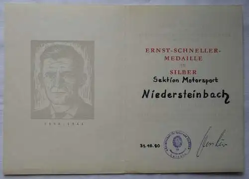 DDR Urkunde Ernst-Schneller-Medaille Silber Sektion Motorsport 1980 (142238)