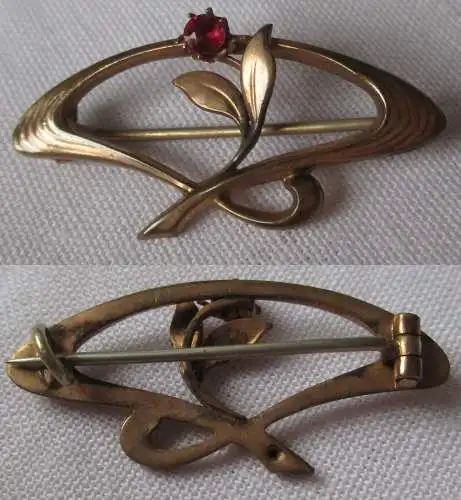vergoldete Jugendstil Brosche Blume mit rotem Stein um 1930 (165288)