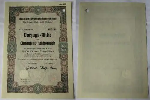 1000 RM Aktie Frank´sche Eisenwerke AG Adolfshütte Niederscheld 1936 (137918)