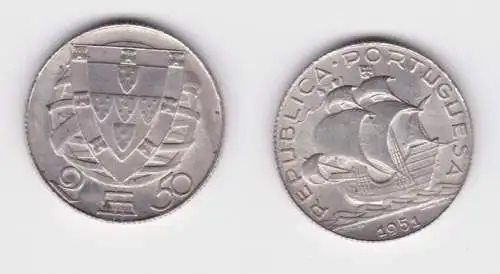 2 1/2 Escudos Silber Münze Portugal 1951 Segelschiff vz (164992)