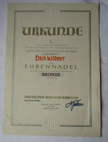 DDR Urkunde Ehrennadel des Deutschen Schachverbandes in Bronze 1973 (165126)