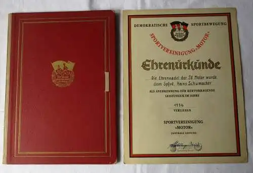 DDR Urkunde Ehrennadel der Sportvereinigung SV Motor Rostock 1956 (164868)