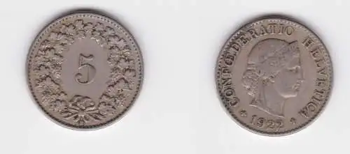 5 Rappen Kupfer Nickel Münze Schweiz 1922 B ss+ (165011)