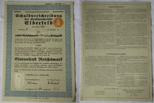 1000 RM Schuldverschreibung Stadtgemeinde Elberfeld 1. Oktober 1928 (130306)
