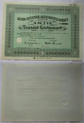 1000 RM Aktie Gebr. Jentzsch Ag Naundorf bei Großenhain Dezember 1941 (137577)