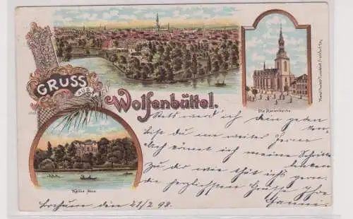 21289 Lithographie AK Gruss a. Wolfenbüttel - Kaffee-Haus, Kirche, Panorama 1898