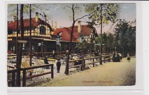 906430 AK Chemnitz - Waldschänke, Straßenansicht mit Freisitz und Allee 1916