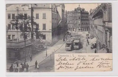 905714 AK Chemnitz - Rathaus, Poststrasse, Totalansicht mit Straßenbahn 1907