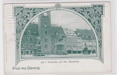 906255 Ak Gruss aus Chemnitz - Die 3 Denkmäler auf dem Marktplatz 1908