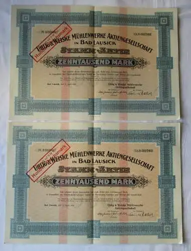 2x 10000 Mark Aktie Uhlig & Weiske Mühlenwerke AG Bad Lausick 17.4.1923 (105955)