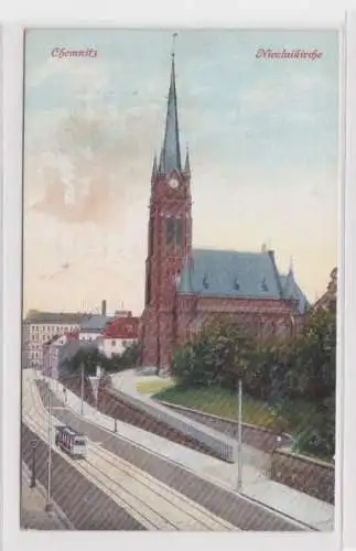 905426 Feldpost Ak Chemnitz - Nicolaikirche, Straßenansicht mit Straßenbahn 1915