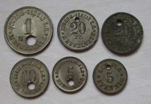 6 rare Wertmarken 5 Pfennig bis 1 Mark Consumverein E.G. Meuselwitz (120895)