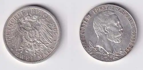 2 Mark Silber Münze 1905 Schwarzburg Sondershausen J.169 b vz/Stgl. (165364)