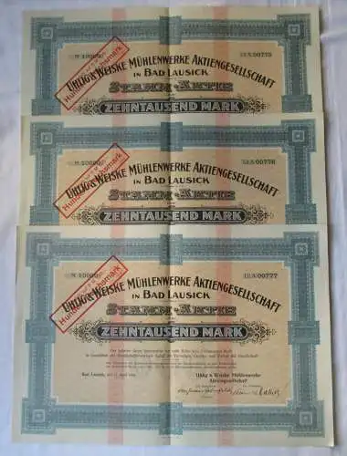 3x 10000 Mark Aktie Uhlig & Weiske Mühlenwerke AG Bad Lausick 17.4.1923 (108377)